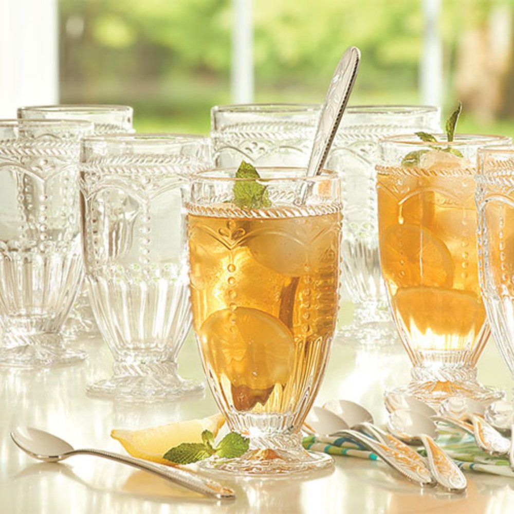 Footed Glasses (8) + Iced Tea Spoons (8)